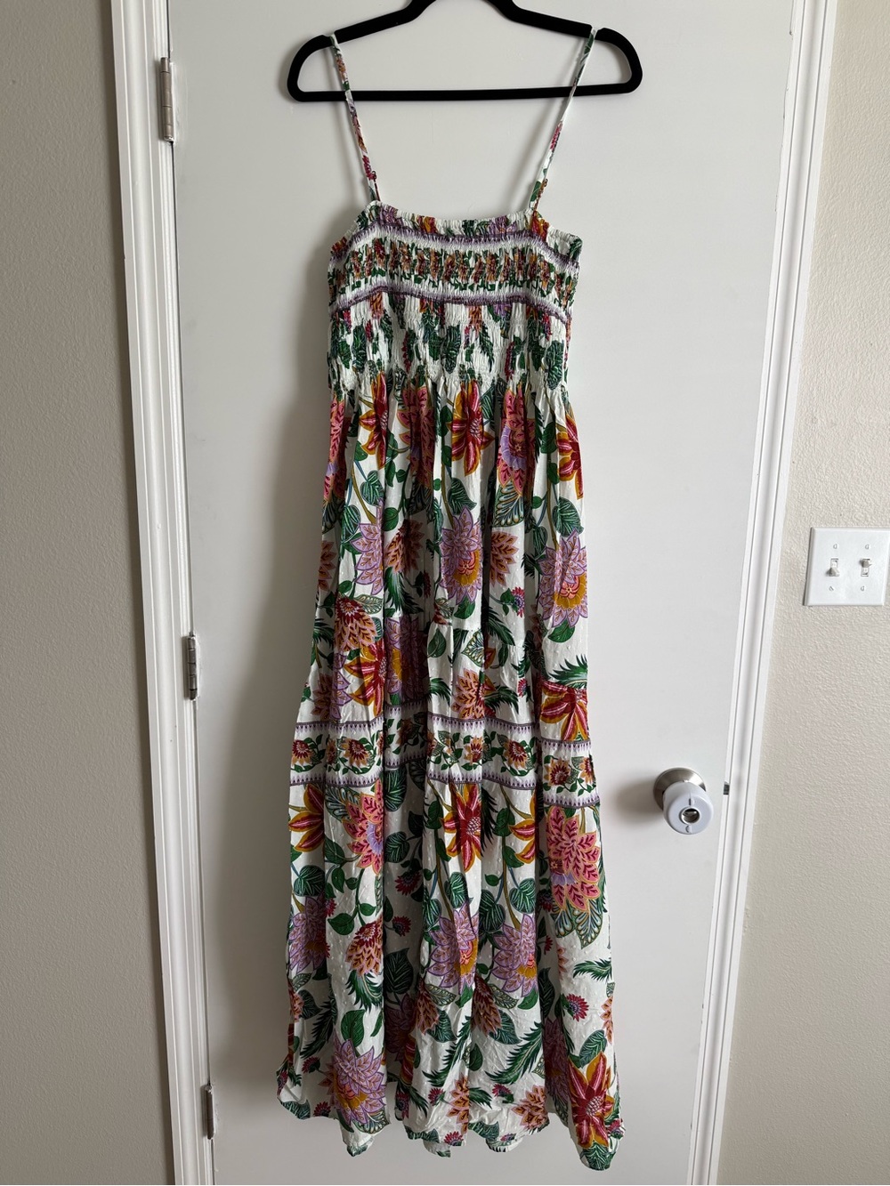 SOLD FARM Rio White Floral Smocked Maxi Dress with Pink, Orange & Green Print - Picture 2 of 2